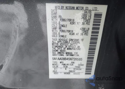 2005 Nissan Armada Le from USA, damaged, VIN 5N1AA08B45N726585